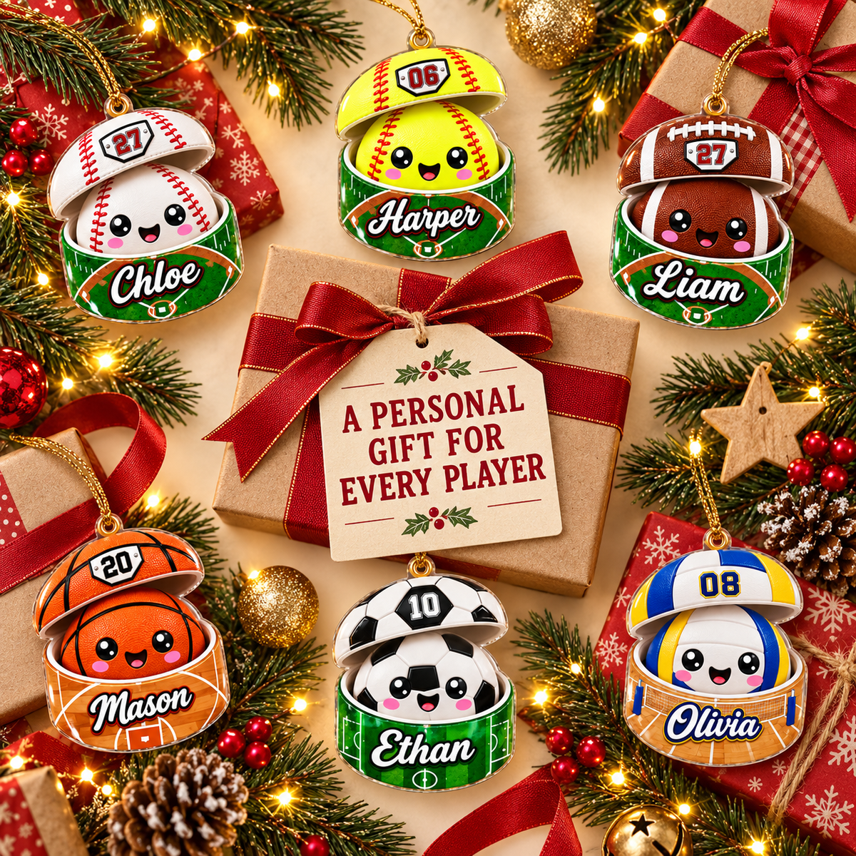 Personalized Sports Dumpling Squishy Ornament - Custom Name & Number Acrylic Christmas Keepsake for Kids