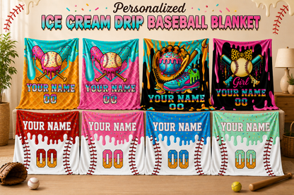 Personalized Ice Cream Baseball Blanket | Custom Name & Number