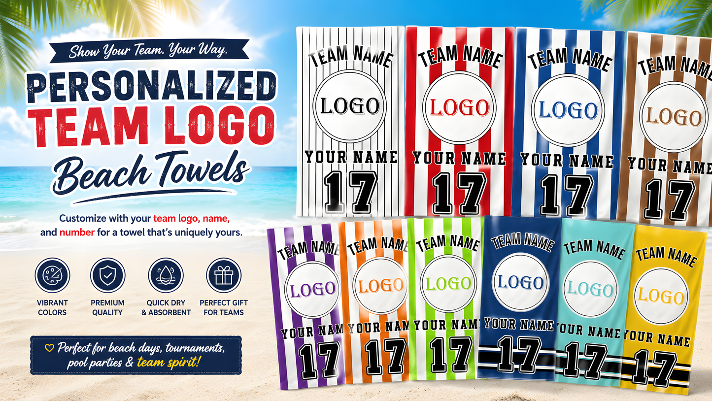 Custom Baseball Team Logo Beach Towel | Personalized Name & Number!
