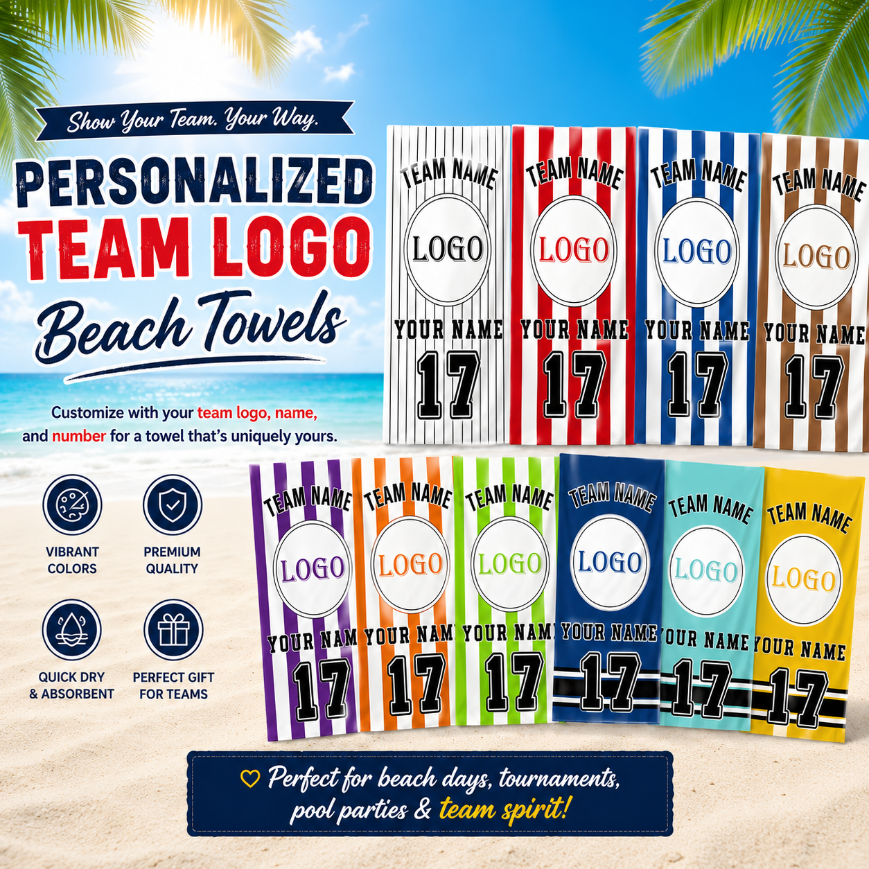Custom Baseball Team Logo Beach Towel | Personalized Name & Number!