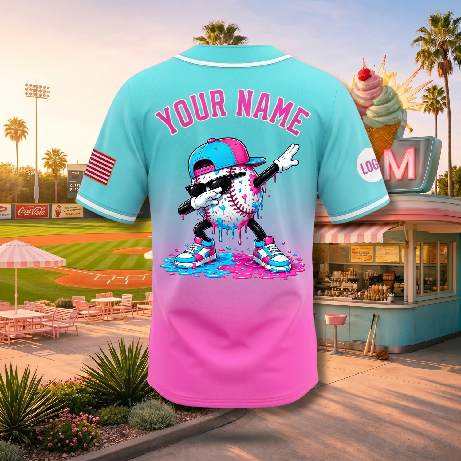 Trendy Kids Ice Cream Drip Baseball Jersey | Featured Mascot on Back