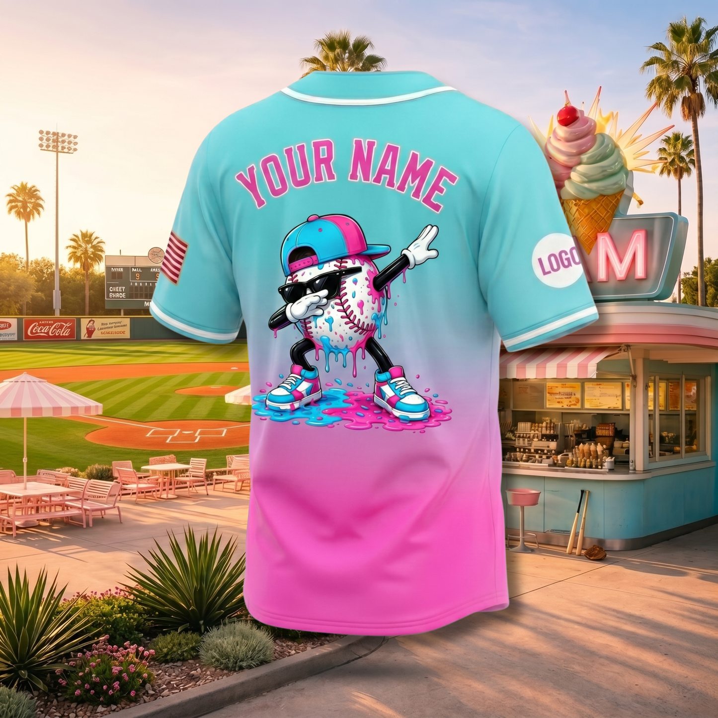 Trendy Kids Ice Cream Drip Baseball Jersey | Featured Mascot on Back