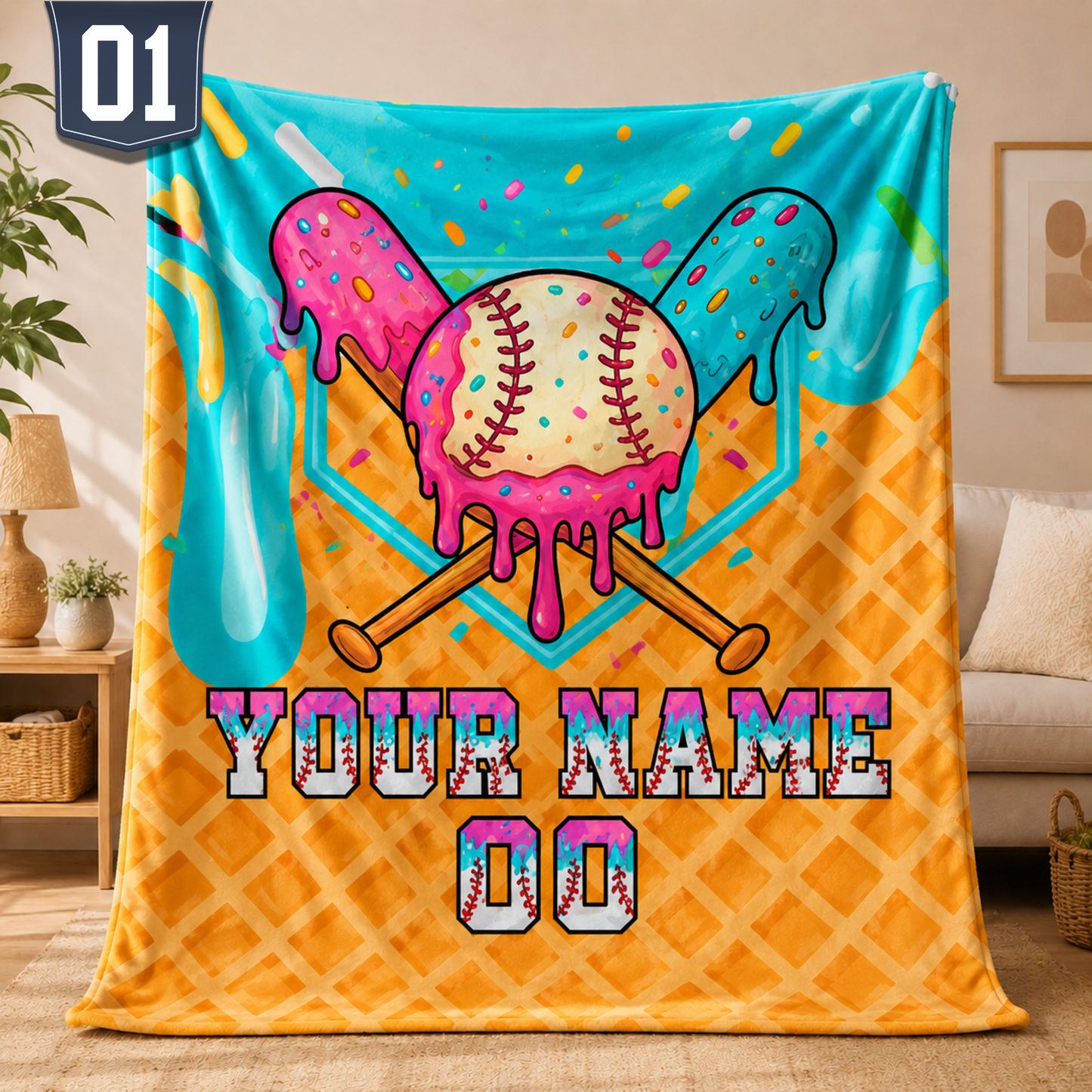Personalized Ice Cream Baseball Blanket | Custom Name & Number