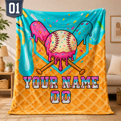 Personalized Ice Cream Baseball Blanket | Custom Name & Number