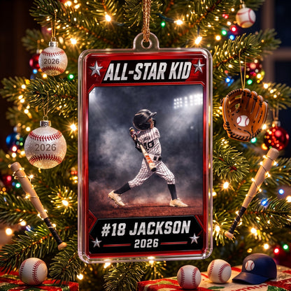Personalized Baseball Player Photo Christmas Ornament | Custom Name, Number & Year All-Star Card Keepsake Gift for Kids