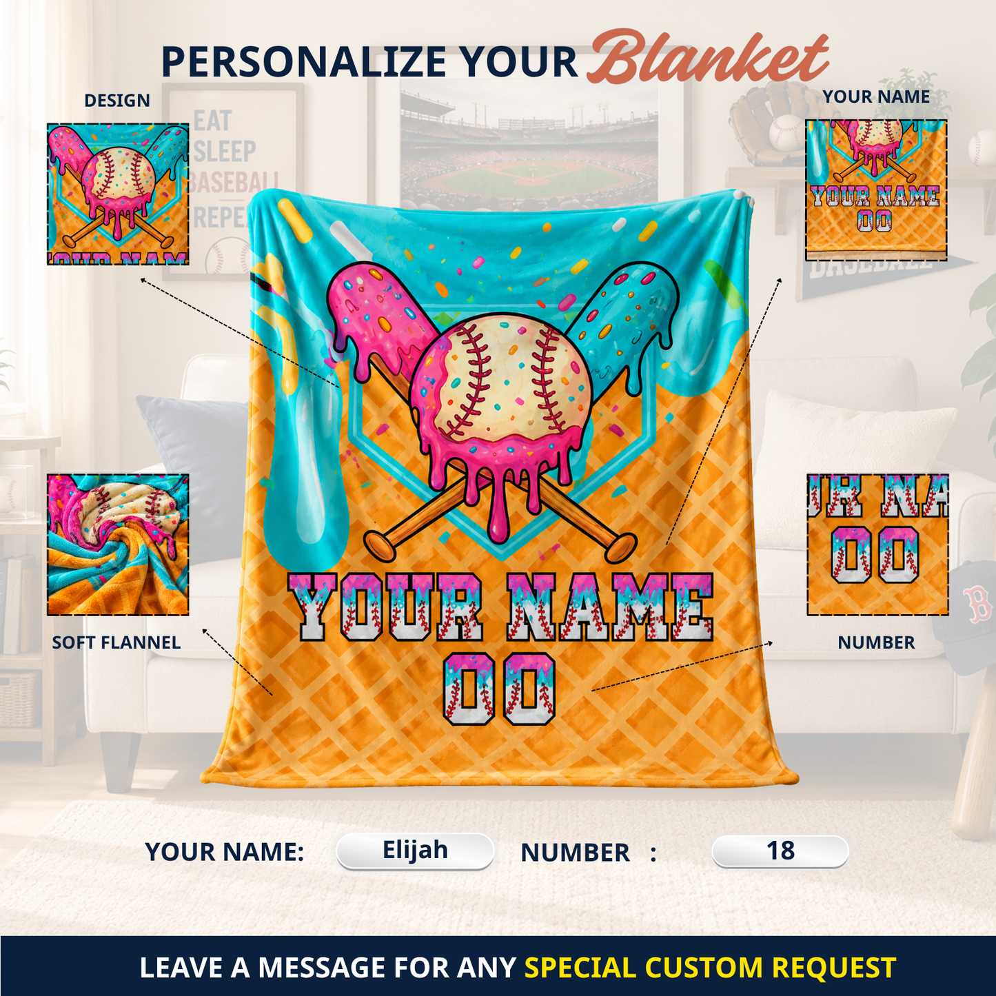 Personalized Ice Cream Baseball Blanket | Custom Name & Number