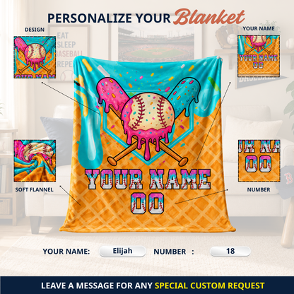 Personalized Ice Cream Baseball Blanket | Custom Name & Number