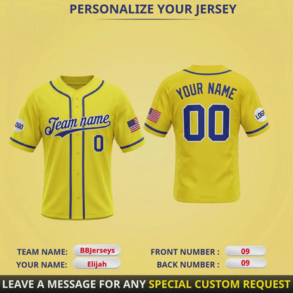 Custom Yellow Banana Baseball Jersey | Personalized Yellow and Blue Team Uniform